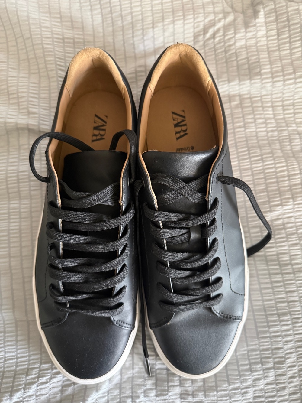Zara Black Leather Lace-Up Sneakers with Contrast Sole